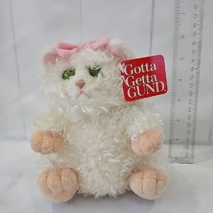 GUND Vintage Fuzzball 1105 White Plush Cat with Pink Bow Green Eyes NWT